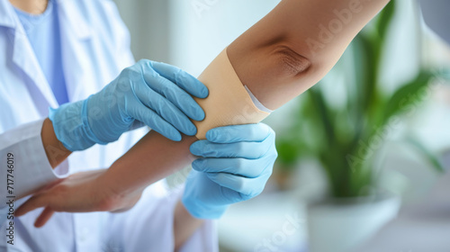 healthcare professional in blue gloves applying an adhesive bandage to someone's upper arm photo