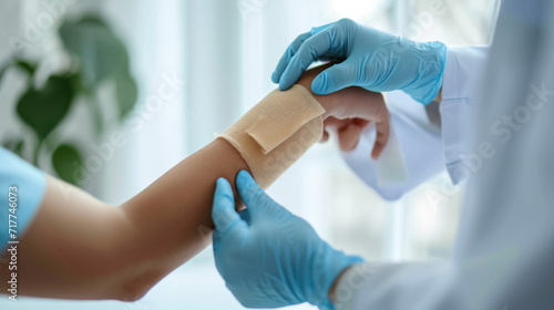 healthcare professional in blue gloves applying an adhesive bandage to someone's upper arm photo