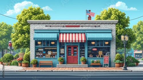 July 4th Celebration: A Colorful American Flag Flies Over a Vibrant Shop Generative AI © Mandeep