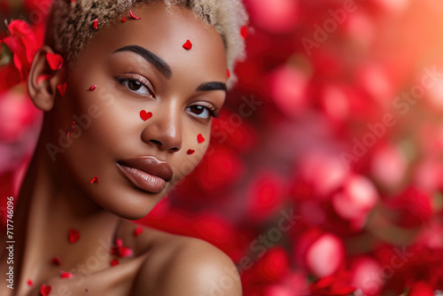 Portrait of a beautiful girl surrounded by red roses and rose petals on Valentine's day or birthday