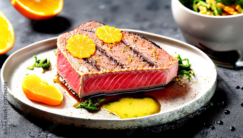 Delicious Seared Tuna Steak with Citrus Glaze on a plate, High Protein Recipe. Delicious Seared Tuna Steak with Citrus Glaze on a plate, High Protein Recipe.
