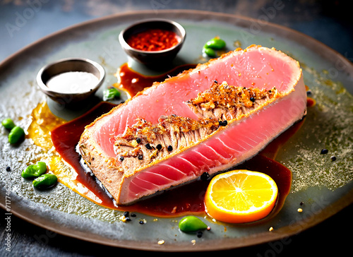 Delicious Seared Tuna Steak with Citrus Glaze on a plate, High Protein Recipe.