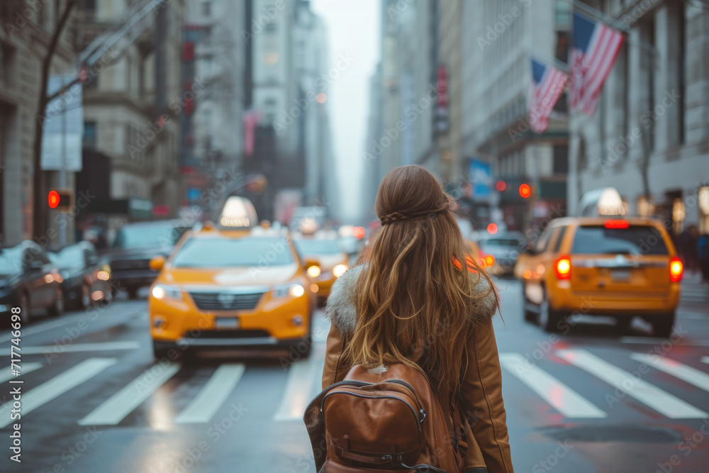 A young woman with a backpack, crossing the street, admires the city with taxi cars in the background. Back view