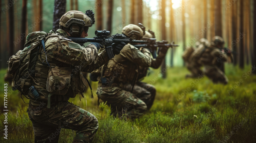 Fototapeta premium A group of modern soldiers conducts reconnaissance in the forest. Special forces are fighting with the enemy in the forest.