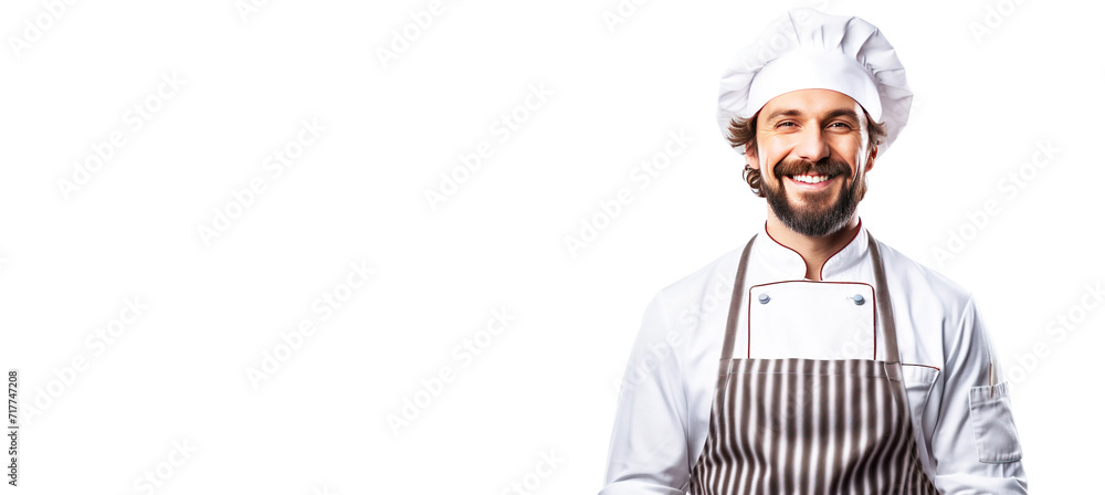 Smiling male professional chef in service uniform, white background isolate.