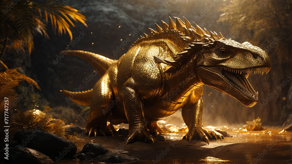 Fototapeta premium Gold aesthetic with dinosaurs.