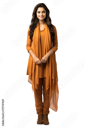 Full length view of Indian women in Churidar Suit: Similar to the salwar kameez but with fitted, tapered pants Isolated on transparent background.