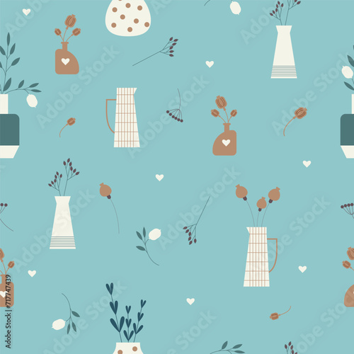 Seamless vector pattern with abstract, whimsical and dry flowers in vases. Minimalistic natural and ceramic background.