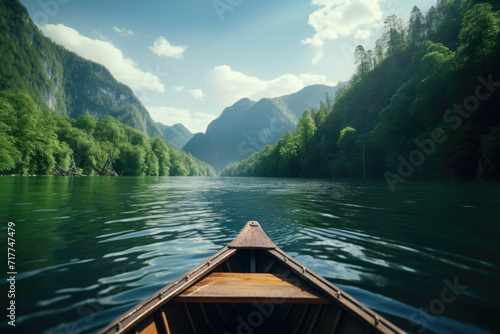 Wooden boat in calm river with green forest and mountain view © Michael Böhm