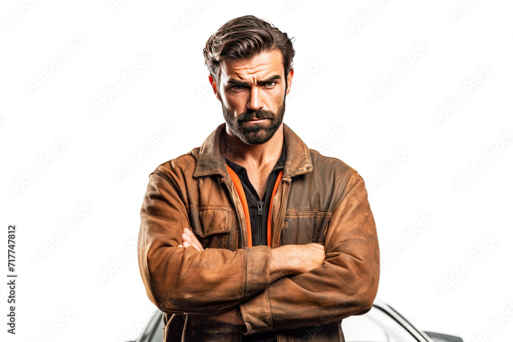 Close up of male car mechanic emotionally irritated, angry, white background isolate. Close up of male car mechanic emotionally irritated, angry, white background isolate.