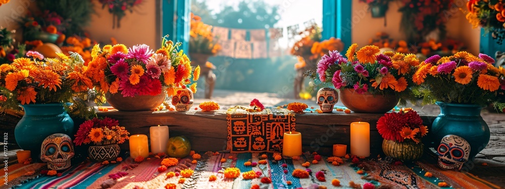 Naklejka premium Celebrate DÃa de los Muertos with a vibrant floral display Generative AI