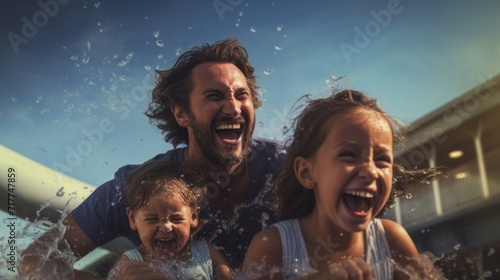 A happy dad and his daughters ride down a slide in a water park. Summer, vacation, traveling with children, entertainment concepts.