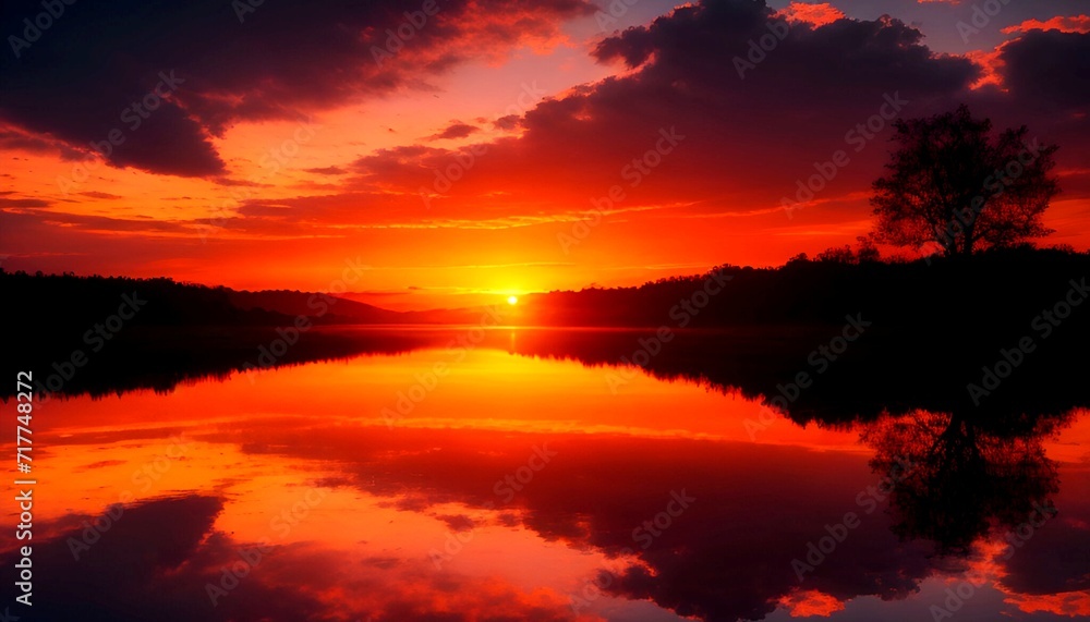 A view of a lake surrounded by beautiful trees during a beautiful red sunrise, cool silhouette background