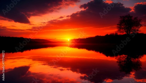 A view of a lake surrounded by beautiful trees during a beautiful red sunrise, cool silhouette background © Roshan