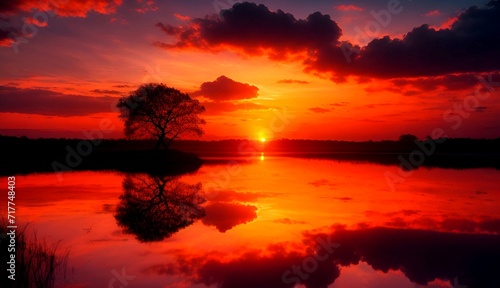 A view of a beautiful lake in a beautiful evening with a reddish sunrise, cool silhouette background © Roshan
