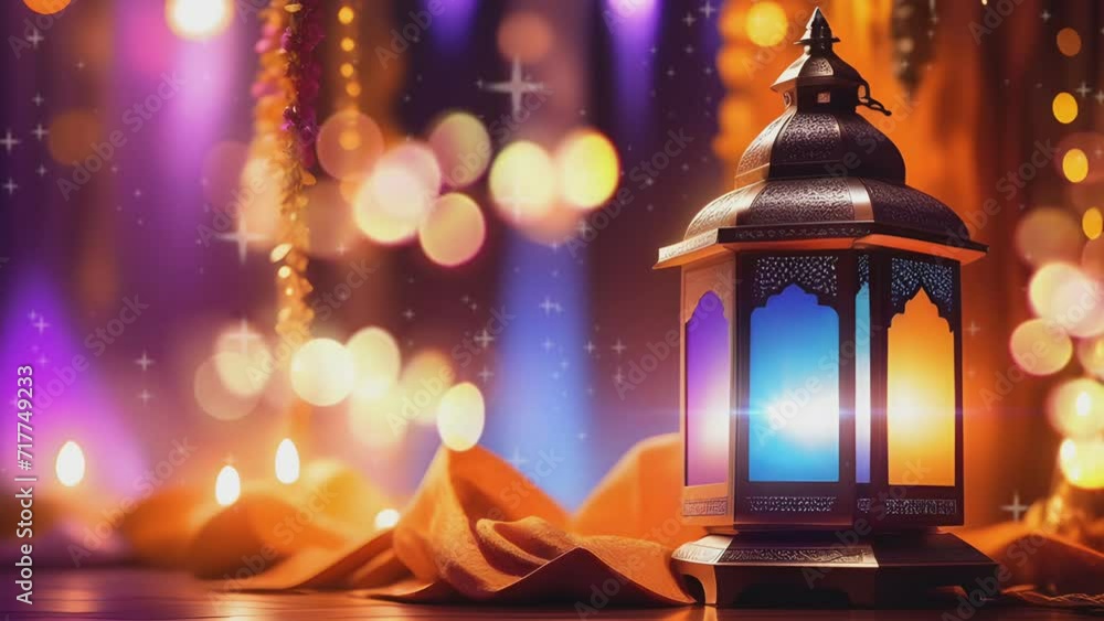 Mesmerizing loop: Arabic lanterns dance against a defocused background, setting the scene for a joyous Ramadan and Eid celebration. Mesmerizing loop: Arabic lanterns dance against a defocused background, setting the scene for a joyous Ramadan and Eid celebration.