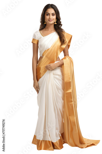 Full length view of Indian women in Kasavu Sari: Traditional white and gold sari from Kerala, often worn on festive occasions Isolated on transparent background.