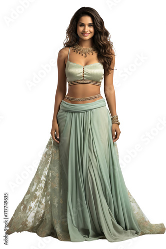 Full length view of Indian women in Lehenga Choli: A skirt-blouse combination often worn during weddings and festivals Isolated on transparent background. photo