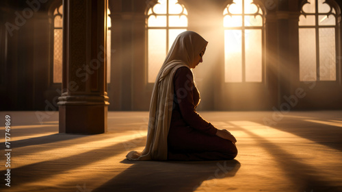 Muslim arab woman wearing white hijab praying in mosque. Islamic religion and Ramadan. photo
