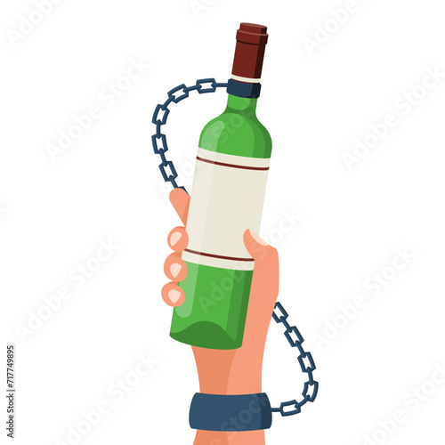 Alcohol addiction. Drunk male character chained to an alcohol bottle. Problems in life. Abuse and addictions. Bottle of wine in hand. Vector illustration flat design. Isolated on white background.