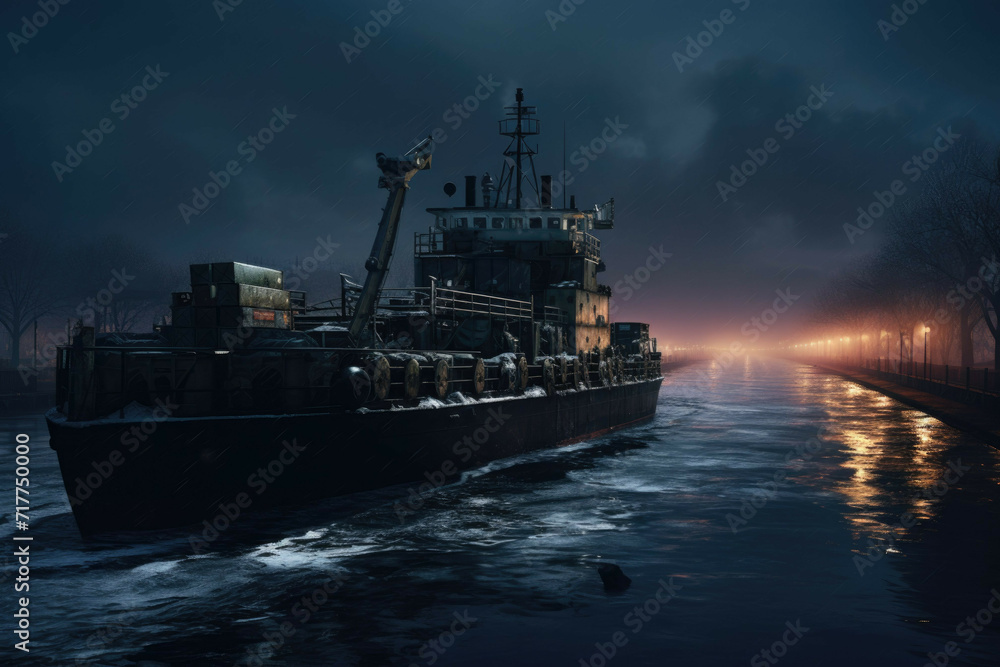 Cargo barge on river at dusk Cargo barge on river at dusk