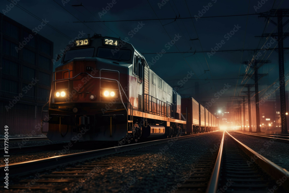 Fototapeta premium Cargo train in city at night