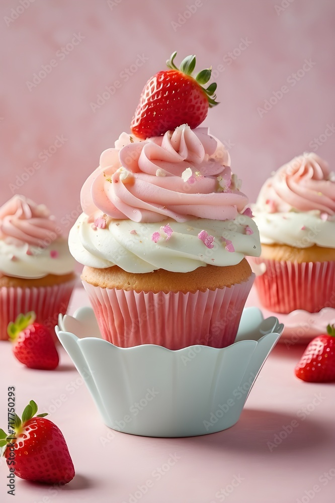 strawberry cupcake, soft palette, magical realism, whimsical, dreamy