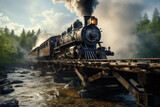 Steam locomotive on wooden bridge
