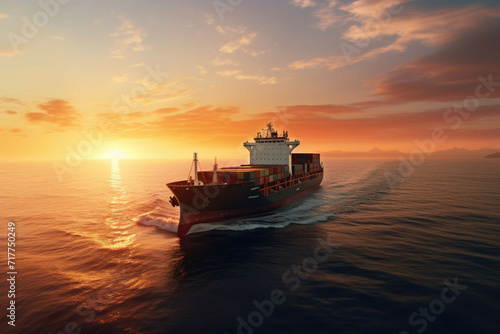 Cargo ship in calm sea at sunset