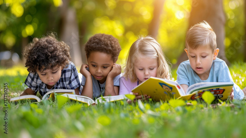 children lying on the grass, deeply engaged in reading books. photo