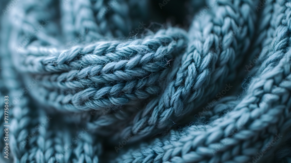 close up of a blue wool, yarn and knitting needles, a detailed shot of a beautifully knitted scarf, representing the satisfaction of completing