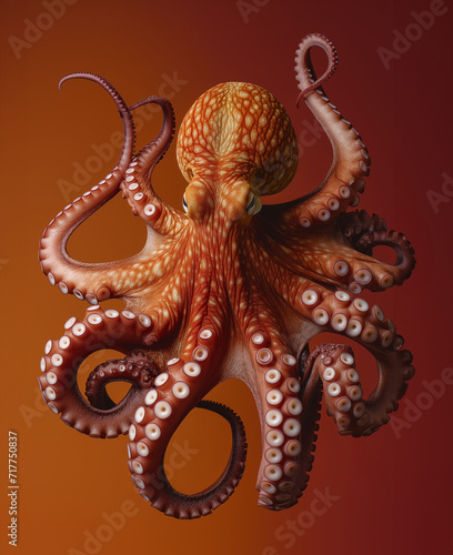 orange octopus isolated on plain red studio water tank background, full body 