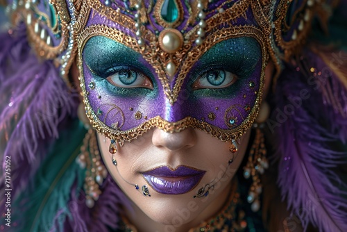 Mardi Gras Masked Marvel: Purple and Gold Masked Mardi Gras Mask Generative AI © Mandeep