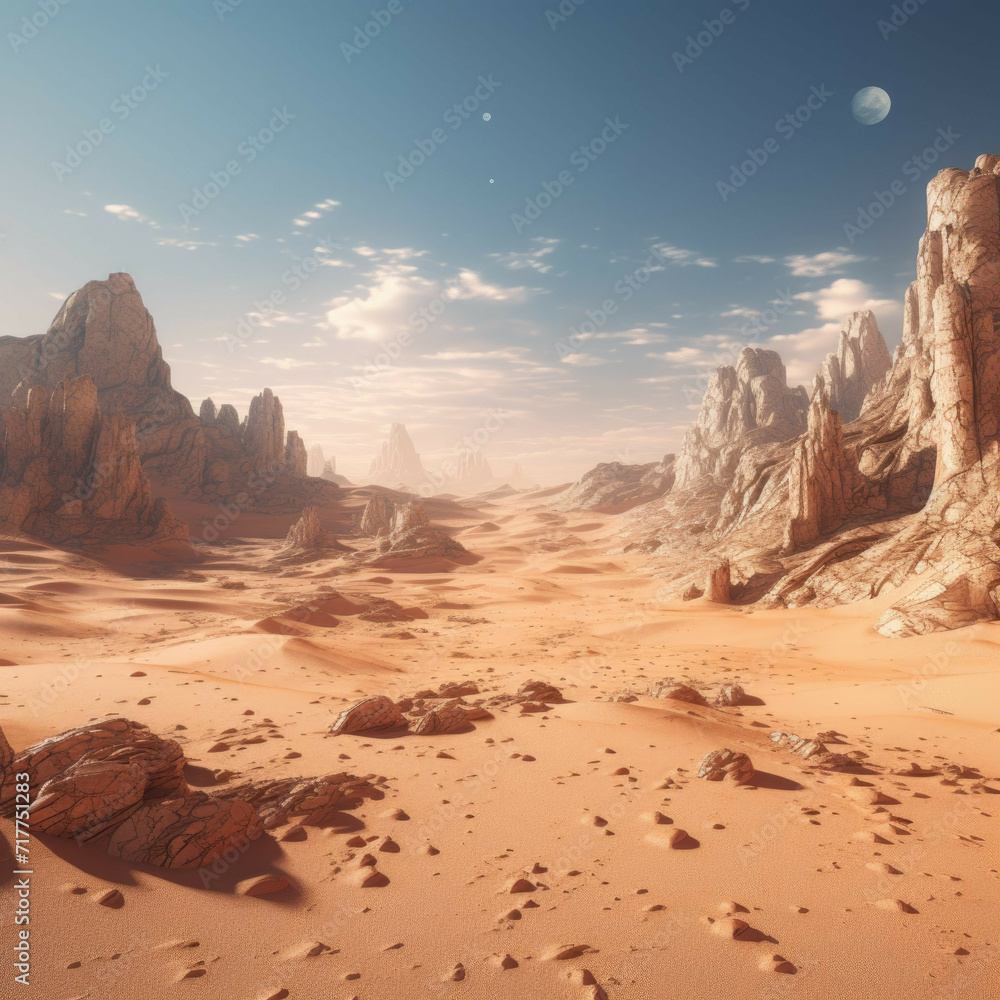 AI-generated desert landscape with sand dunes and rock formations