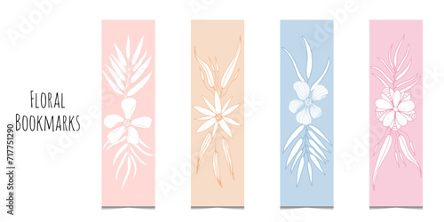 Set of 4 bookmarks in pastel colors and white decorative hand draw plants. Line botanical illustration. Minimalistic bookmark templates for reading. Isolated on white background. Pretty kids bookmarks