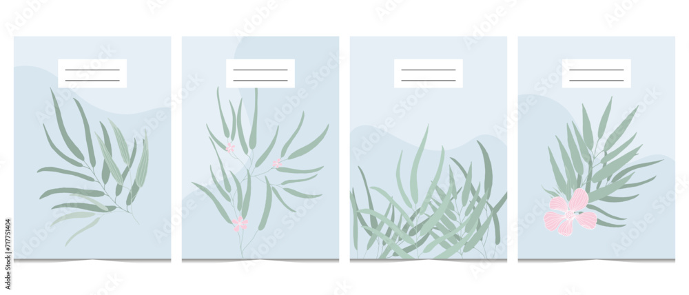 Light-blue vertical A4 covers set with green leaves in flat doodle style. Leaves and pink flowers posters for floral covers design. Elegants style illustration. Isolated on white background.