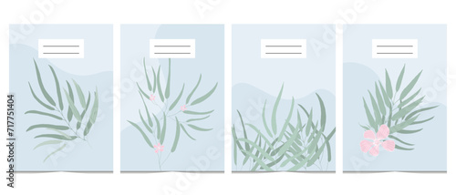 Light-blue vertical A4 covers set with green leaves in flat doodle style. Leaves and pink flowers posters for floral covers design. Elegants style illustration. Isolated on white background.