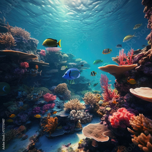 Underwater world with colorful fish and coral reefs