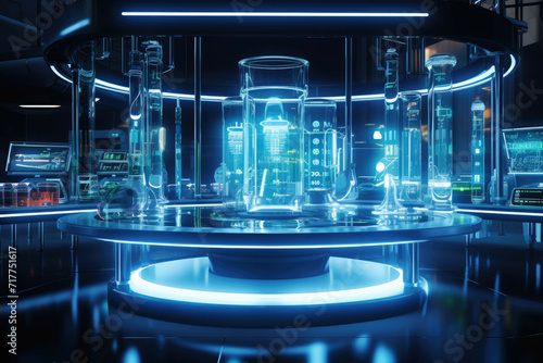 Futuristic laboratory with glowing test tubes and holographic screens