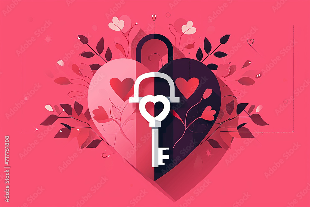 Fototapeta premium Illustration of a heart-shaped lock and key, Valentine's day, Flat illustration
