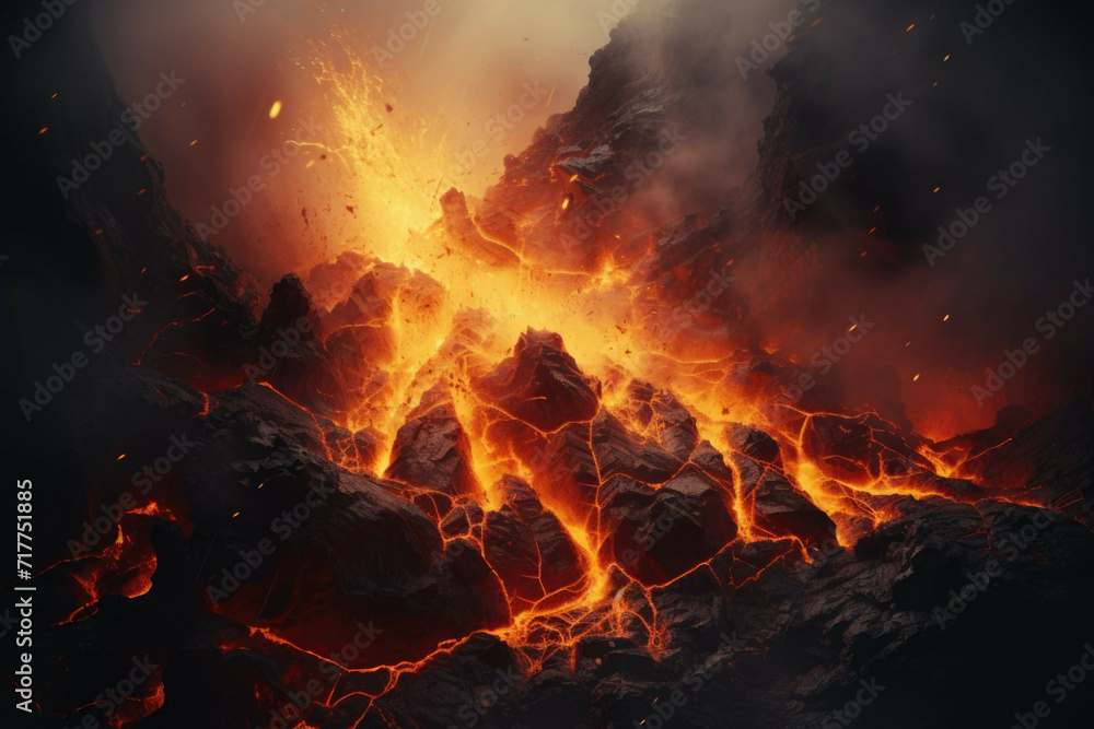 Abstract volcano with billowing smoke and molten lava