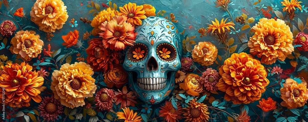 Skeleton Skull with Flowers: A Celebration of Life and Death Generative AI