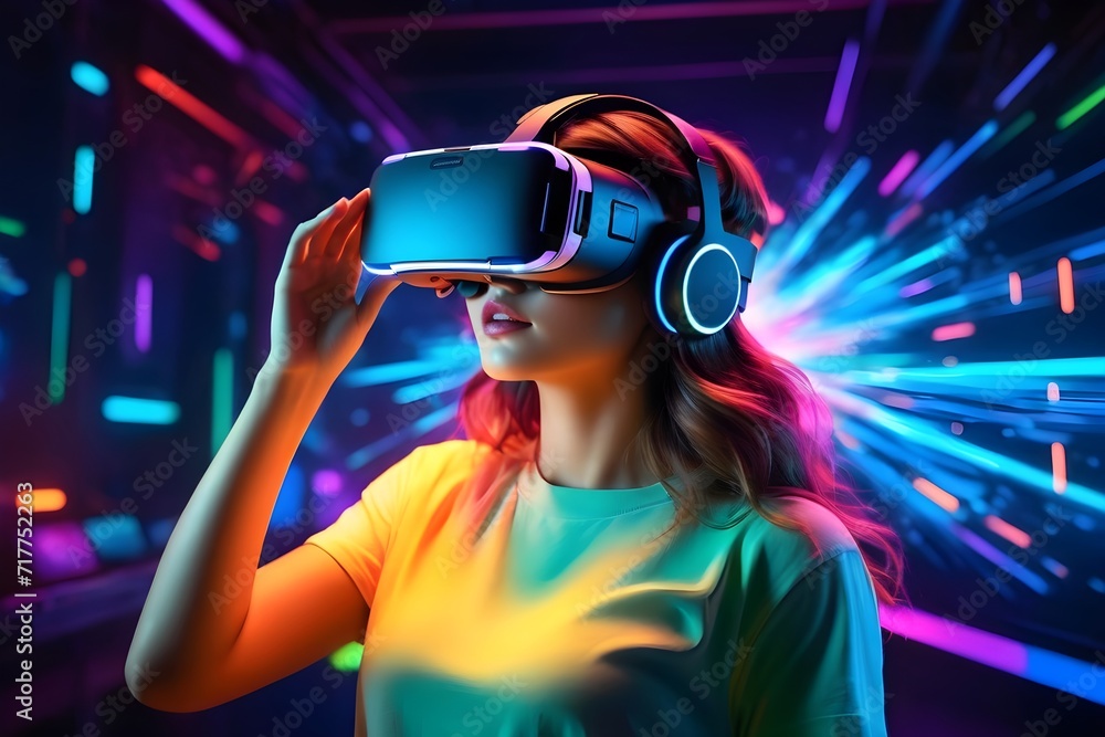 Young woman enjoying her virtual reality experience, VR, future, gadgets, technology concept Young woman enjoying her virtual reality experience, VR, future, gadgets, technology concept