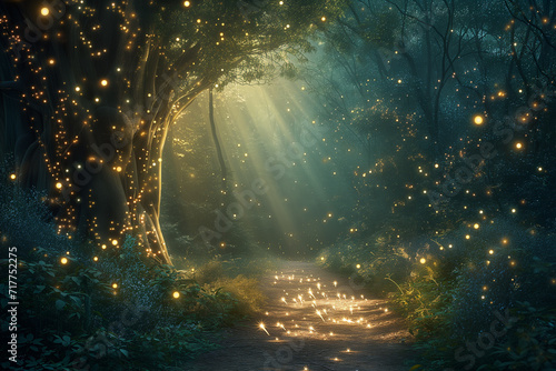 An Enchanted Forest Clearing Illuminated by Fireflies, where Magical Creatures Gather to Celebrate Amidst the Sparkling Fairy Dust - A Scene of Whimsical Wonder Mystical Celebration