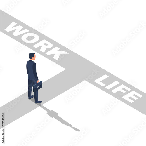 Businessman faces a choice between work and personal life. Vector illustration isometric design. Isolated on white background.