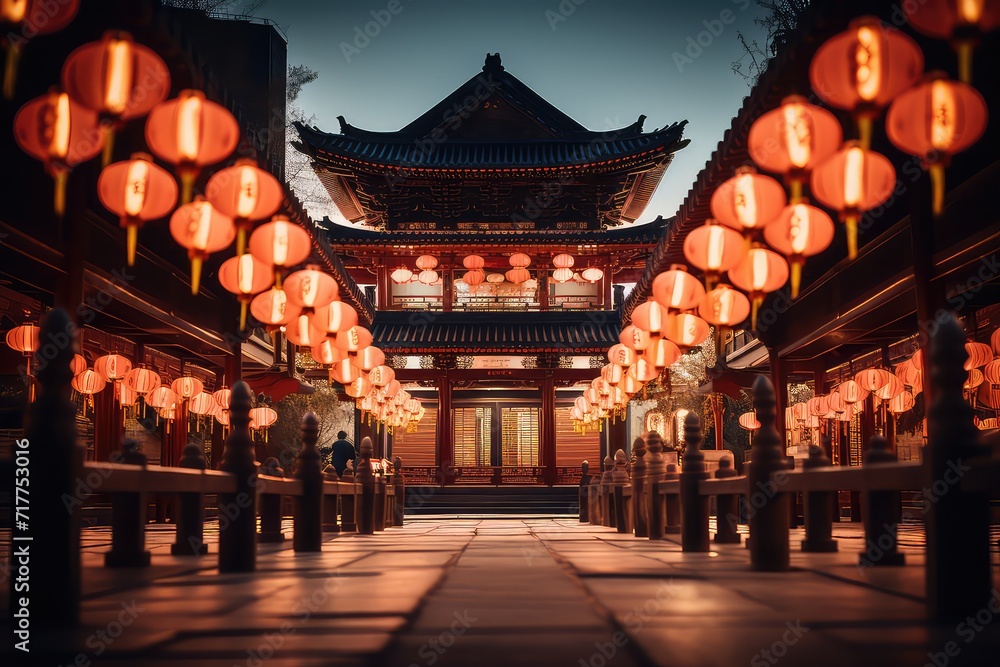 Fototapeta premium Lantern-lit temple during Chinese New Year, Generative AI