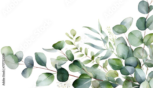 Watercolor eucalyptus illustration. Corner border. Greenery frame. Floral arrangement PNG photo