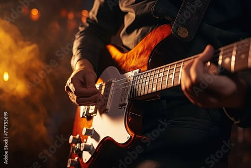 Musician playing a guitar on stage.