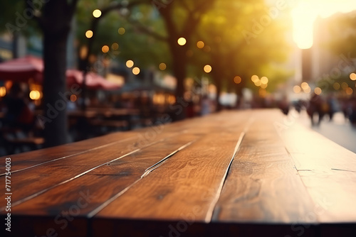 Empty Wooden Table at Street Bar with Blurred Background