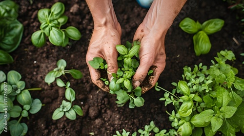 hands holding seedling, person planting a seedling, person working in garden, a person planting herbs in a home garden, symbolizing the joy of growing your own food